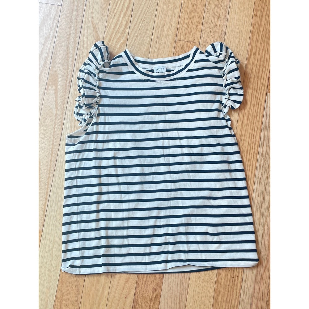 KULE Womens Striped Ruffle Sleeve‎ Tee Cream Navy Blue Cotton Crew Neck Top M